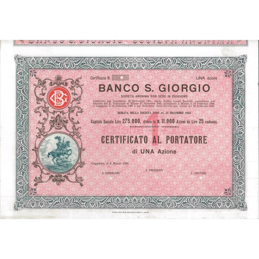 BANCO S. GIORGIO - UNA AZIONE - CUGGIONO 1906