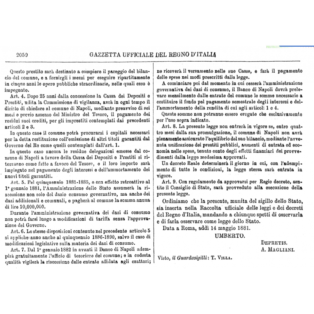 1881 - DEBITO UNIFICATO 5% - CITTA' DI NAPOLI -...