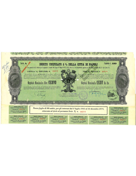 1955 - DEBITO UNIFICATO 5% - CITTA' DI NAPOLI - CARTELLA DA LIRE 100
