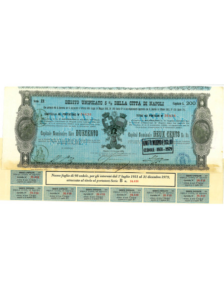 1881 - DEBITO UNIFICATO 5% - CITTA' DI NAPOLI - CARTELLA DA LIRE 200