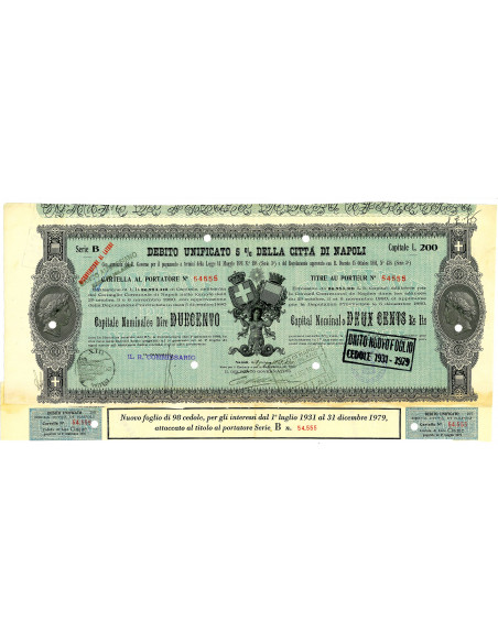 1929 - DEBITO UNIFICATO 5% - CITTA' DI NAPOLI - CARTELLA DA LIRE 200