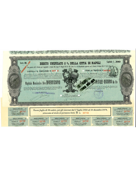 1939 - DEBITO UNIFICATO 5% - CITTA' DI NAPOLI - CARTELLA DA LIRE 200
