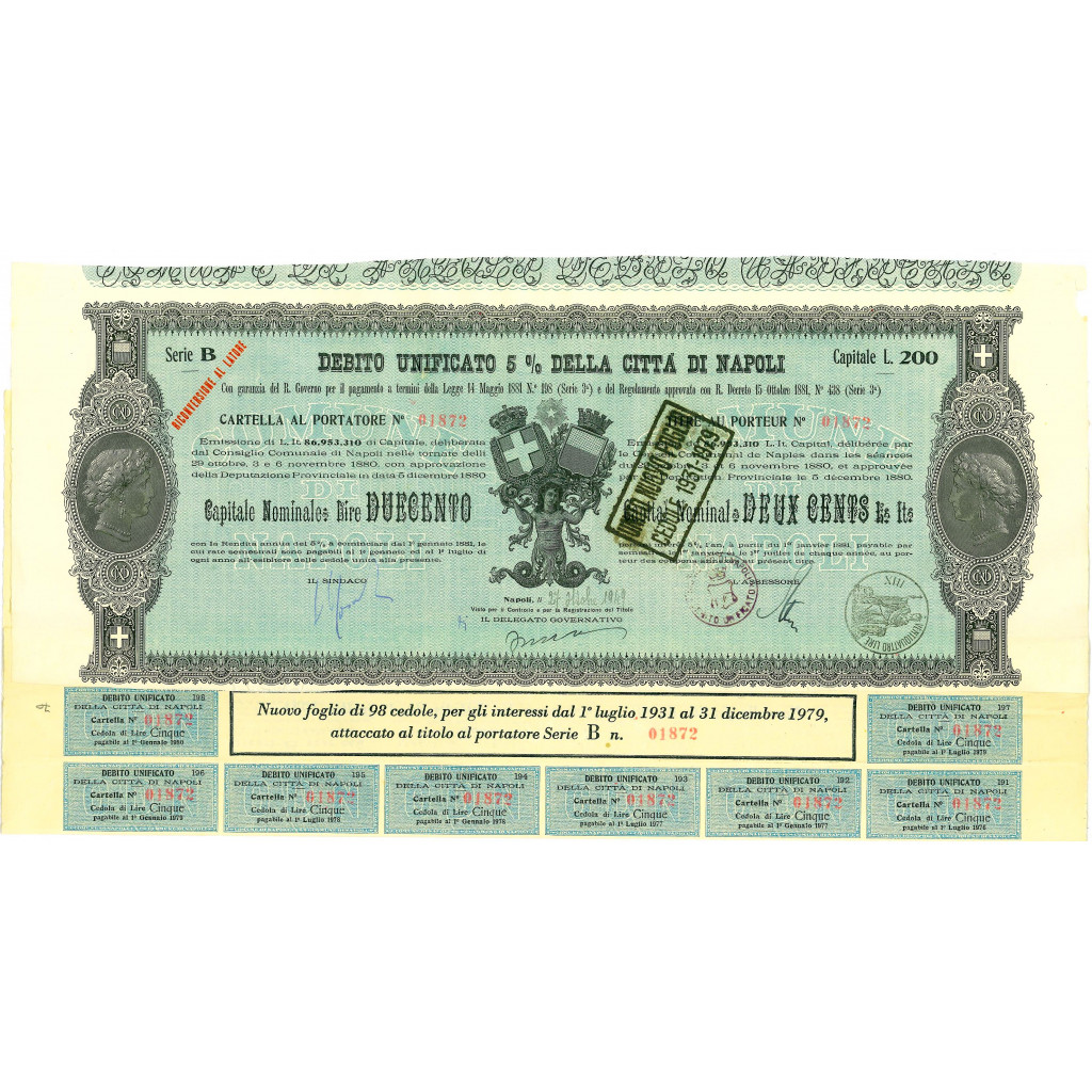 1949 - DEBITO UNIFICATO 5% - CITTA' DI NAPOLI -...
