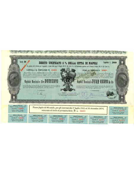 1955 - DEBITO UNIFICATO 5% - CITTA' DI NAPOLI - CARTELLA DA LIRE 200