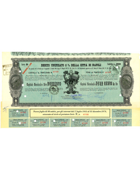 1963 - DEBITO UNIFICATO 5% - CITTA' DI NAPOLI - CARTELLA DA LIRE 200