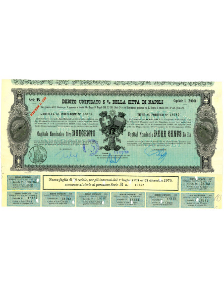 1970 - DEBITO UNIFICATO 5% - CITTA' DI NAPOLI - CARTELLA DA LIRE 200