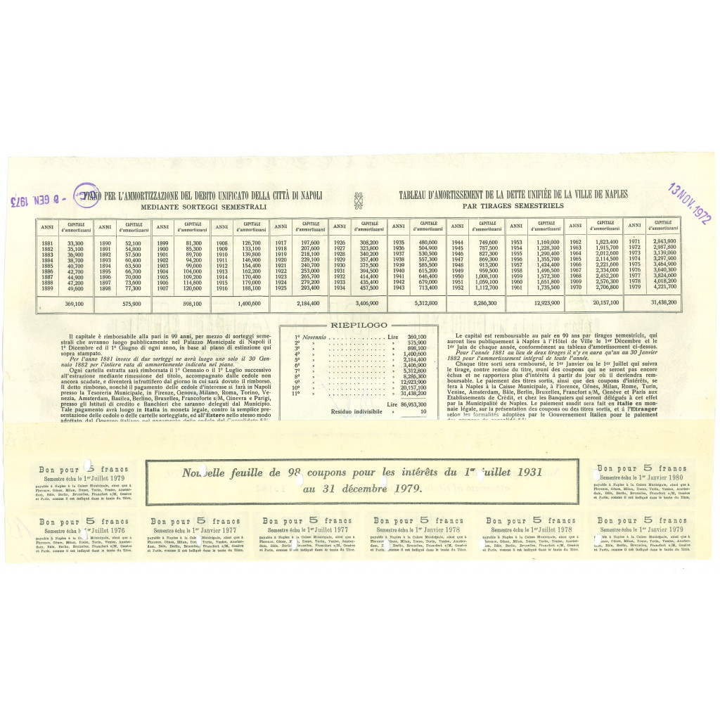 1970 - DEBITO UNIFICATO 5% - CITTA' DI NAPOLI -...