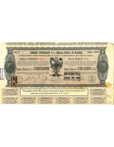 1881 - DEBITO UNIFICATO 5% - CITTA' DI NAPOLI - CARTELLA DA LIRE 500
