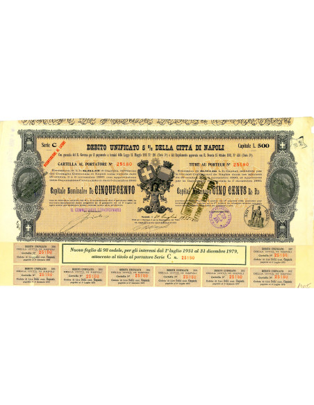 1935 - DEBITO UNIFICATO 5% - CITTA' DI NAPOLI - CARTELLA DA LIRE 500
