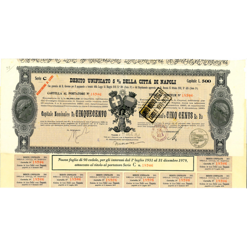 1949 - DEBITO UNIFICATO 5% - CITTA' DI NAPOLI -...