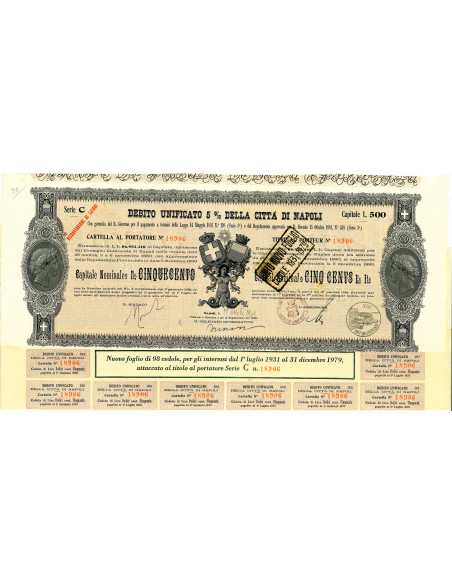 1949 - DEBITO UNIFICATO 5% - CITTA' DI NAPOLI - CARTELLA DA LIRE 500