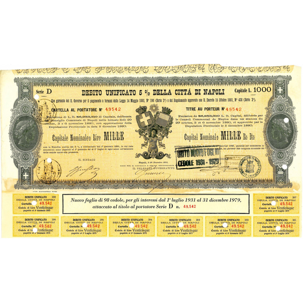 1963 - DEBITO UNIFICATO 5% - CITTA' DI NAPOLI -...