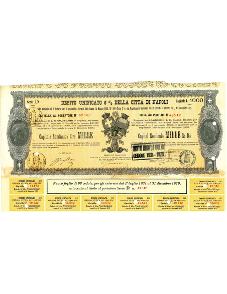 1963 - DEBITO UNIFICATO 5% - CITTA' DI NAPOLI - CARTELLA DA LIRE 1.000