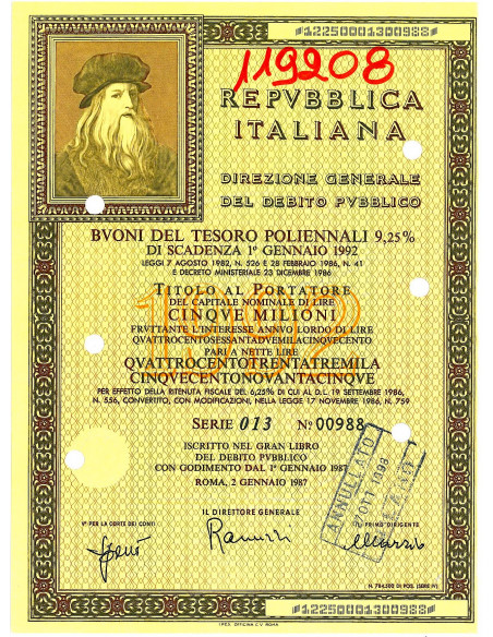 1987 - BTP POLIENNALI SERIE 013 LIRE 5 MILIONI - ROMA (Leonardo Da Vinci)