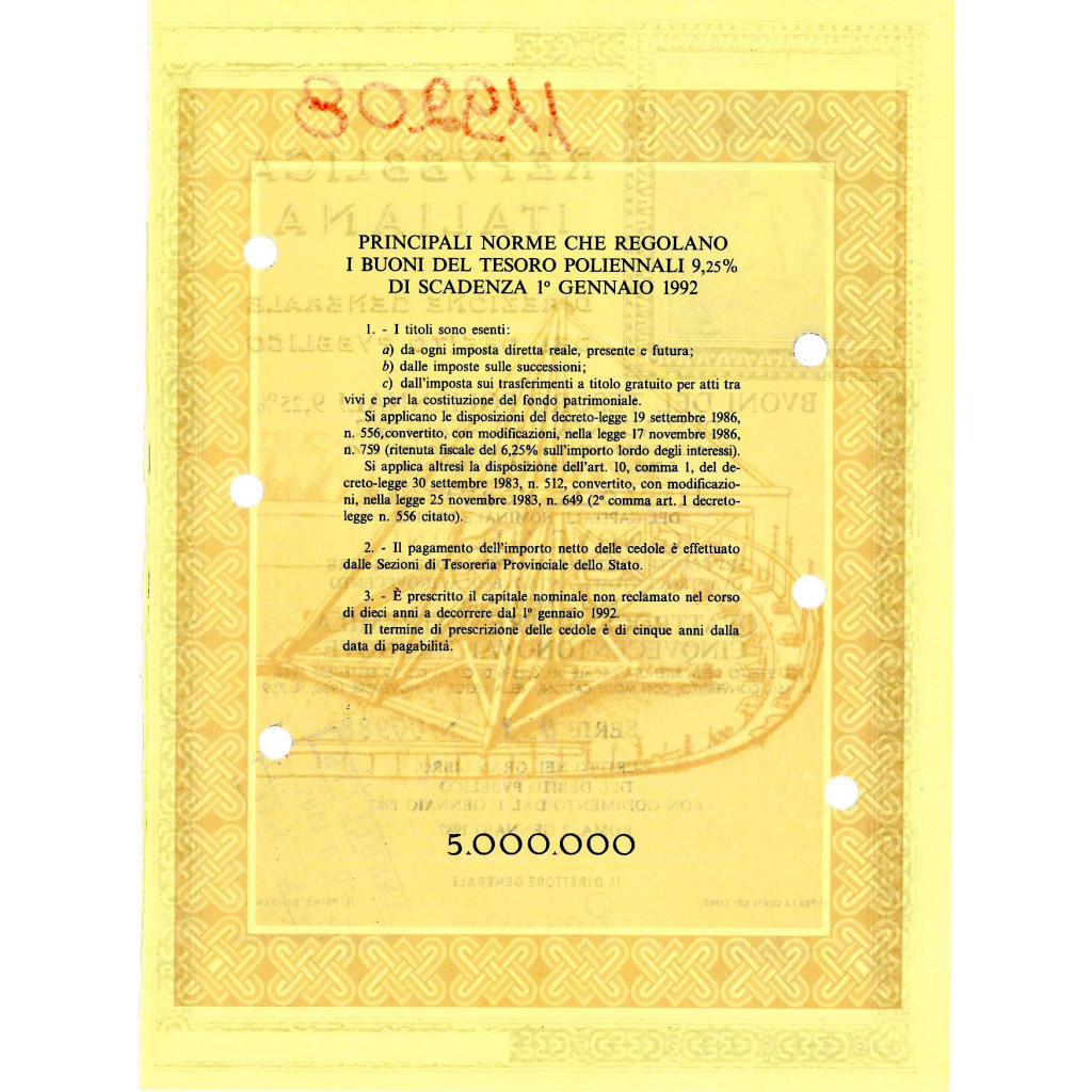 1987 - BTP POLIENNALI SERIE 013 LIRE 5 MILIONI...
