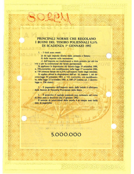 1987 - BTP POLIENNALI SERIE 013 LIRE 5 MILIONI - ROMA (Leonardo Da Vinci)