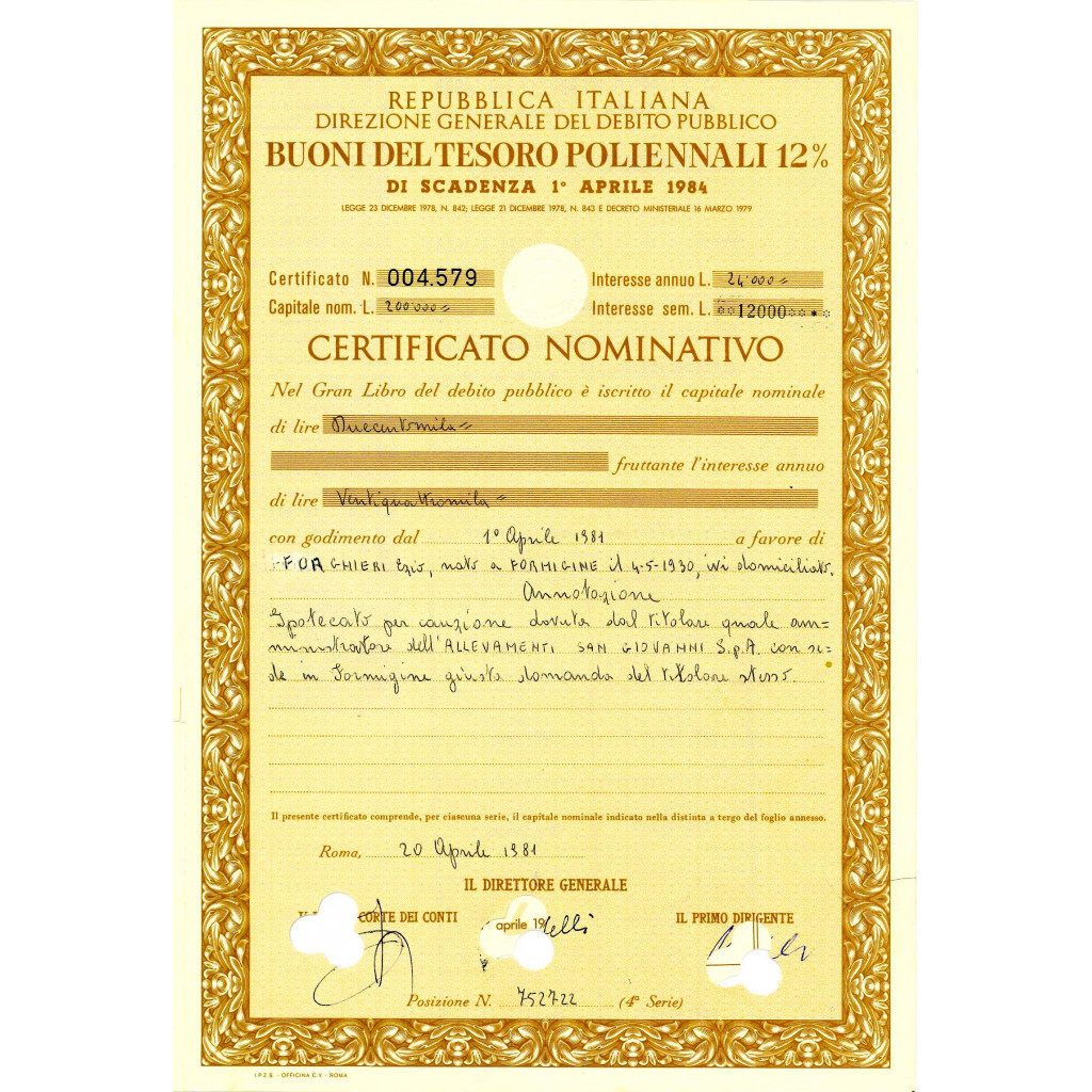 1981 - BTP POLIENNALI CERTIFICATO NOMINATIVO -...