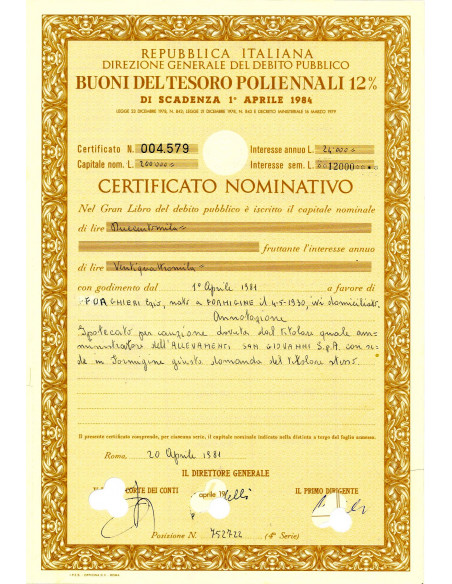 1981 - BTP POLIENNALI CERTIFICATO NOMINATIVO - ROMA