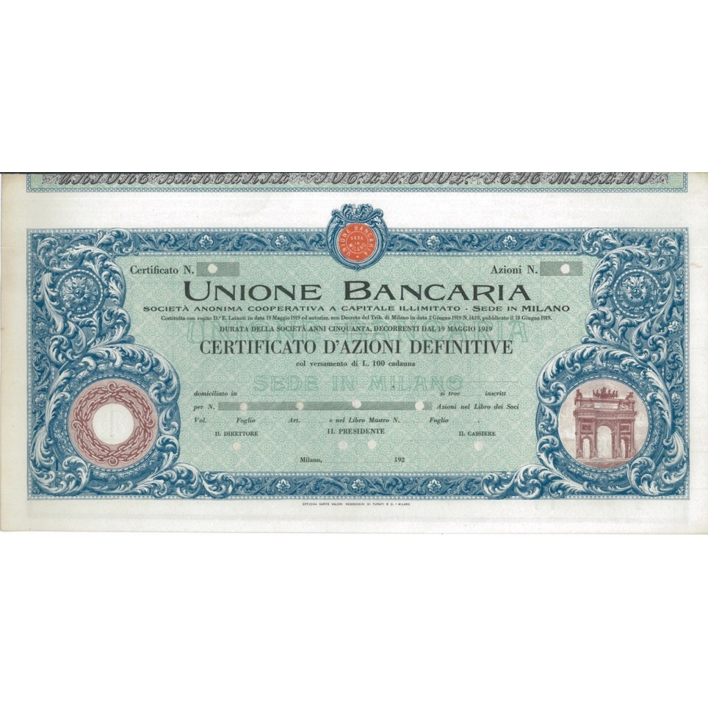 UNIONE BANCARIA - AZIONI - MILANO 1919