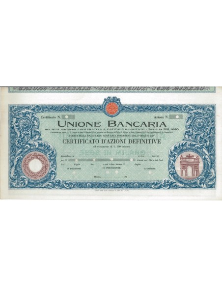 UNIONE BANCARIA - AZIONI - MILANO 1919
