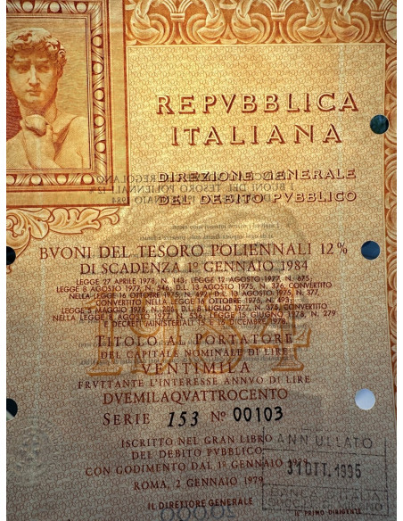 1979 - BTP POLIENNALI SERIE 153 LIRE 20000 - ROMA (David di Michelangelo Buonarroti)