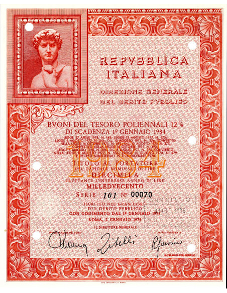 1979 - BTP POLIENNALI SERIE 100 LIRE 10000 - ROMA (David di Michelangelo Buonarroti)