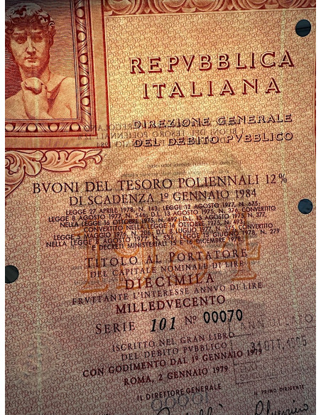 1979 - BTP POLIENNALI SERIE 100 LIRE 10000 - ROMA (David di Michelangelo Buonarroti)