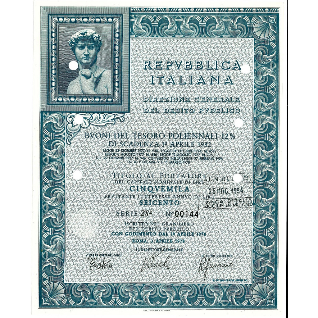 1978 - BTP POLIENNALI SERIE 28 LIRE 5000 - ROMA...