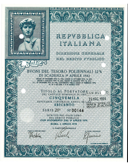 1978 - BTP POLIENNALI SERIE 28 LIRE 5000 - ROMA (David di Michelangelo Buonarroti)