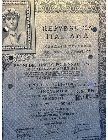 1978 - BTP POLIENNALI SERIE 28 LIRE 5000 - ROMA (David di Michelangelo Buonarroti)