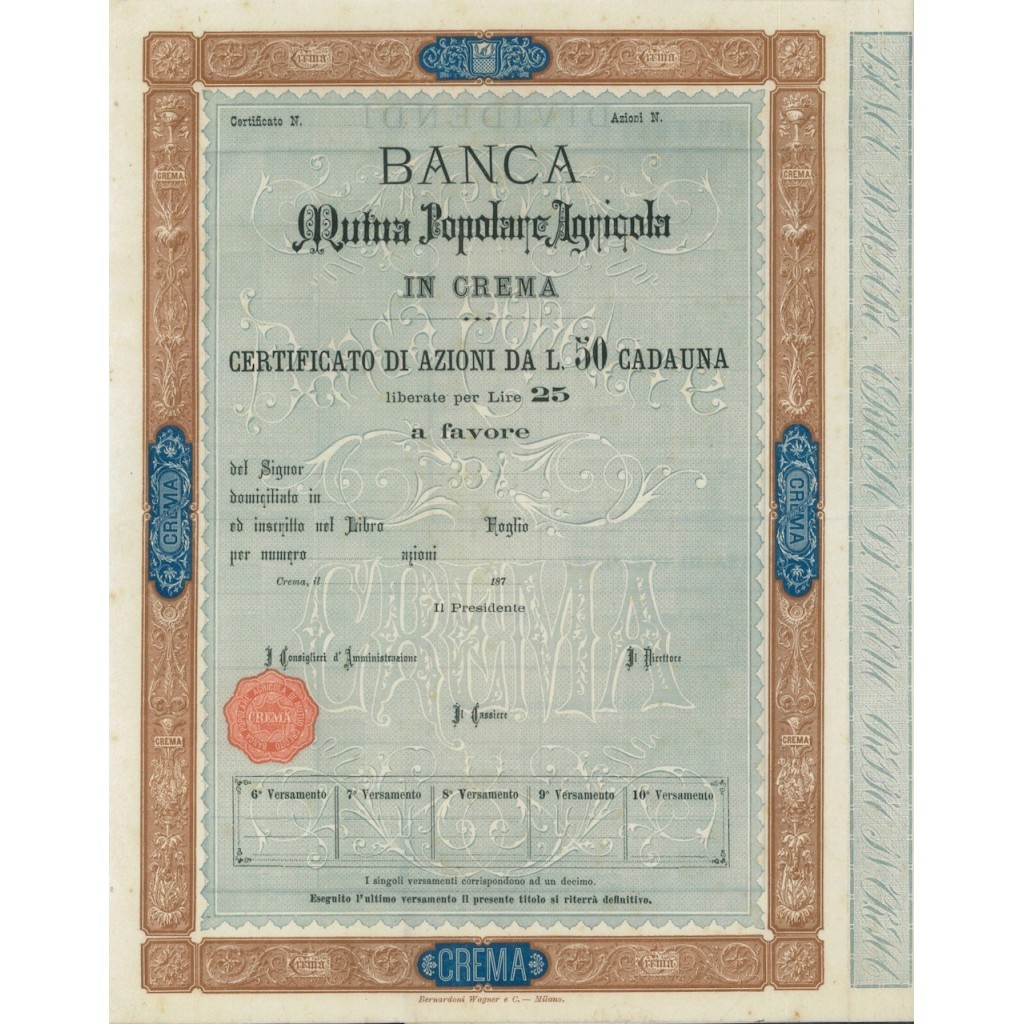 BANCA MUTUA POPOLARE AGRICOLA IN CREMA - AZIONI - 1870