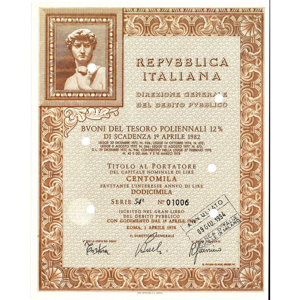 1978 - BTP POLIENNALI SERIE 54 LIRE 100000 -...