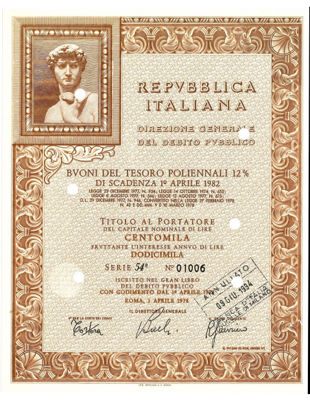 1978 - BTP POLIENNALI SERIE 54 LIRE 100000 - ROMA (David di Michelangelo Buonarroti)
