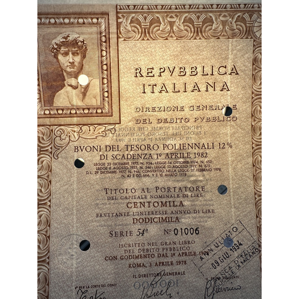 1978 - BTP POLIENNALI SERIE 54 LIRE 100000 -...