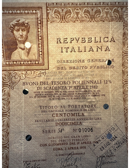 1978 - BTP POLIENNALI SERIE 54 LIRE 100000 - ROMA (David di Michelangelo Buonarroti)