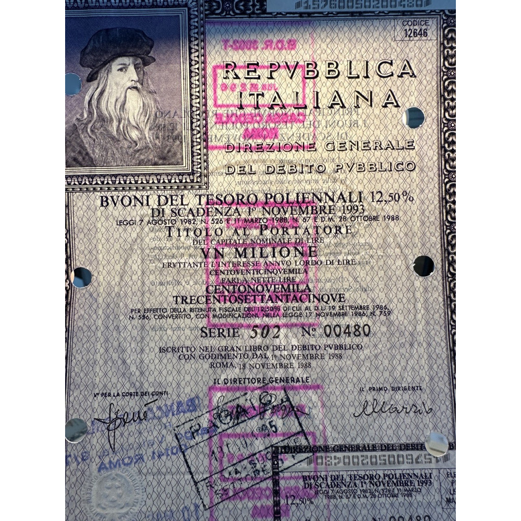 1988 - BTP POLIENNALI SERIE 502 LIRE 1 MILIONE...