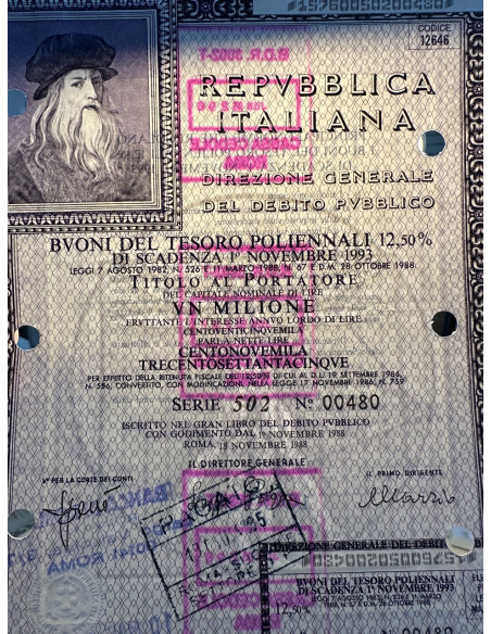 1988 - BTP POLIENNALI SERIE 502 LIRE 1 MILIONE - ROMA (Leonardo Da Vinci)