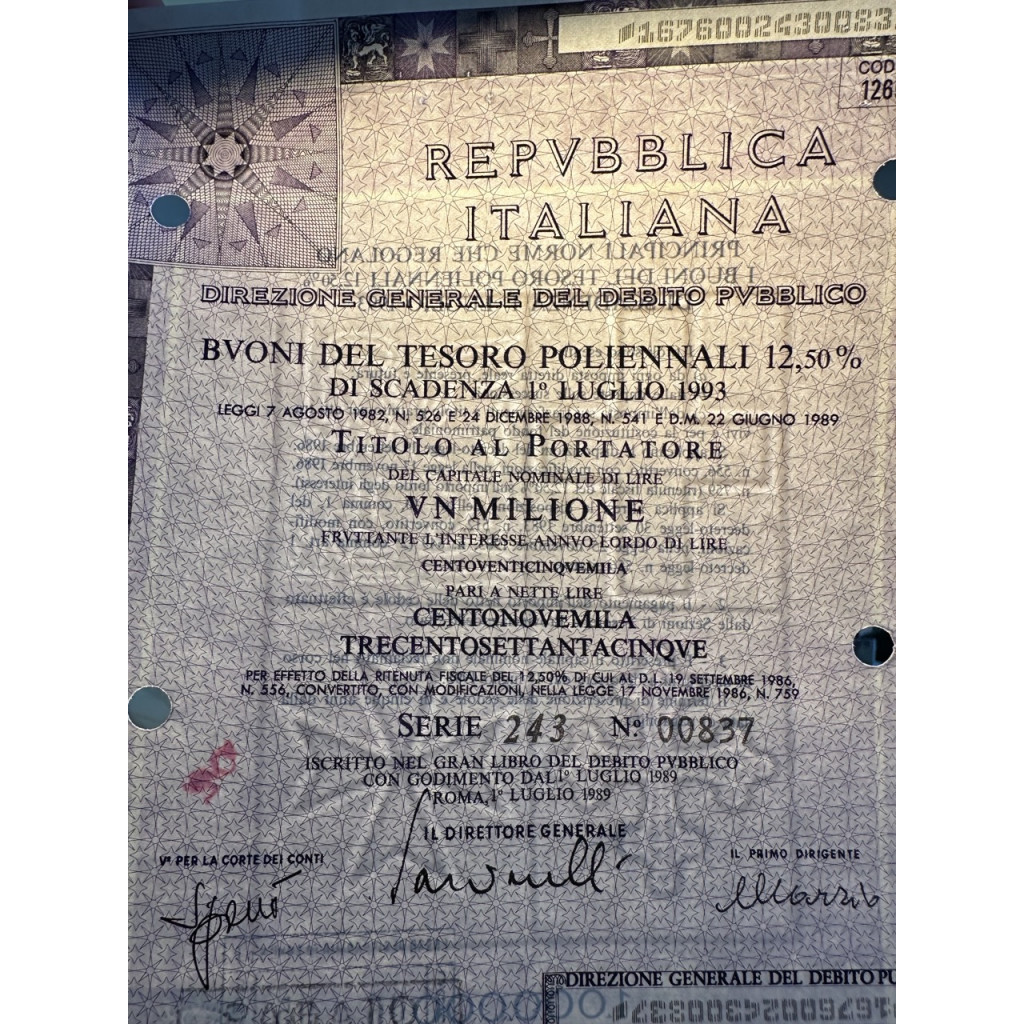 1989 - BTP POLIENNALI SERIE 243 LIRE 1 MILIONE...