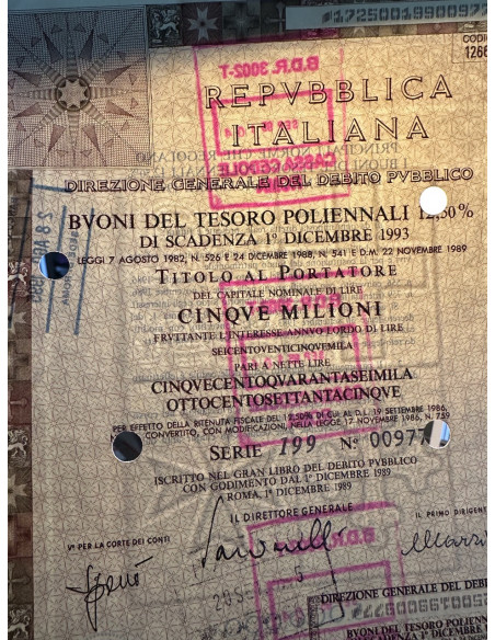 1989 - BTP POLIENNALI SERIE 199 LIRE 5 MILIONI ROMA (Rosa dei venti - Repubbliche marinare)