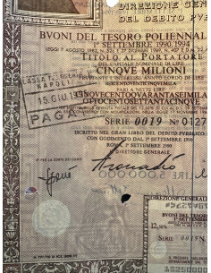 1990 - BTP POLIENNALI SERIE 0019 LIRE 5 MILIONI ROMA... 2