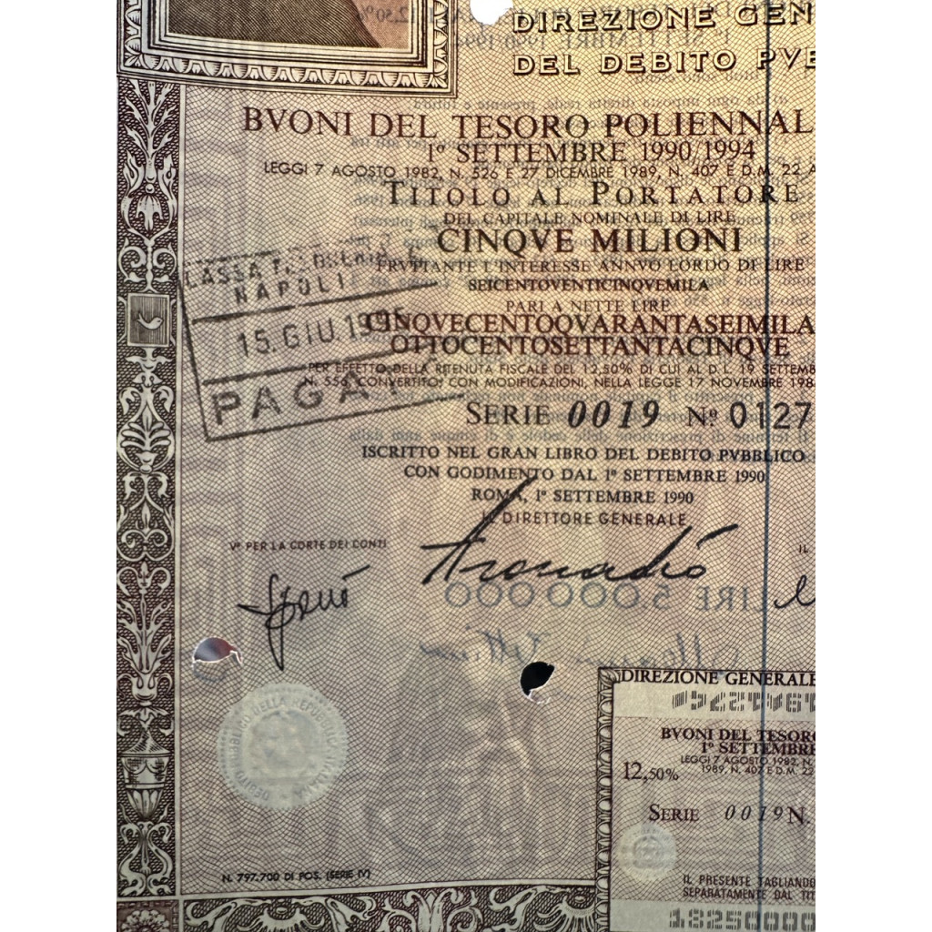 1990 - BTP POLIENNALI SERIE 0019 LIRE 5 MILIONI...