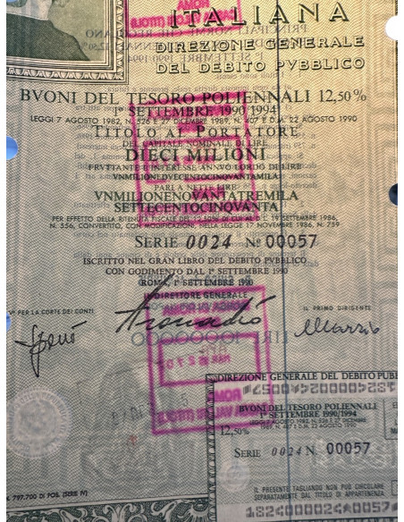 1990 - BTP POLIENNALI SERIE 0024 LIRE 10 MILIONI ROMA (Raffaello Sanzio)
