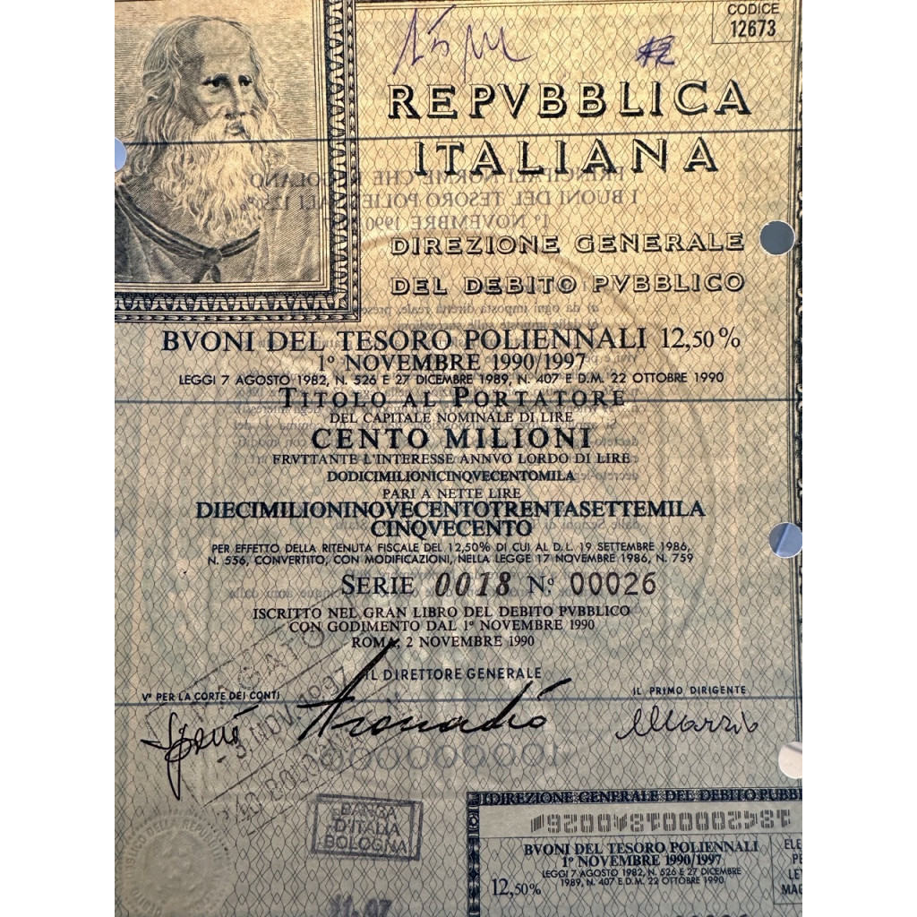 1990 - BTP POLIENNALI SERIE 0018 LIRE 100...