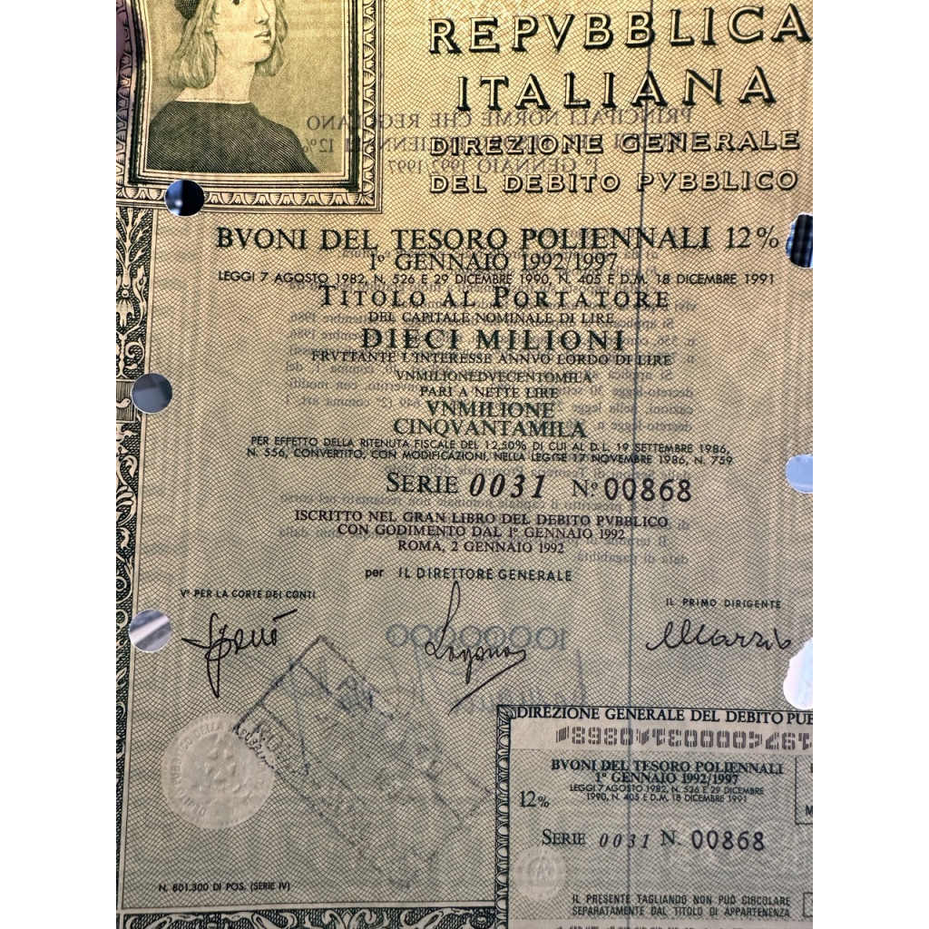 1991 - BTP POLIENNALI SERIE 0009 LIRE 10...