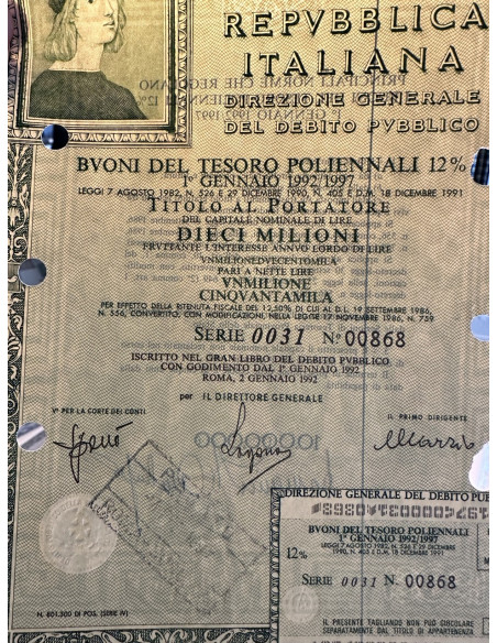 1991 - BTP POLIENNALI SERIE 0009 LIRE 10 MILIONI - ROMA (Raffaello Sanzio)