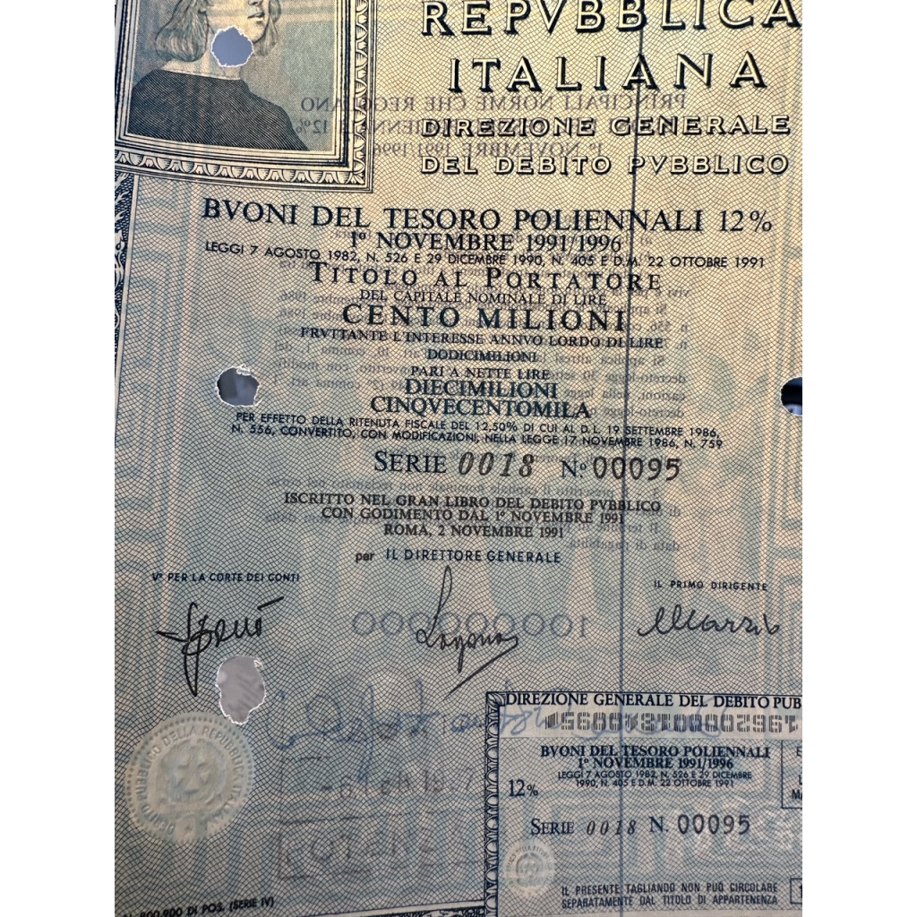 1991 - BTP POLIENNALI SERIE 0018 LIRE 100...