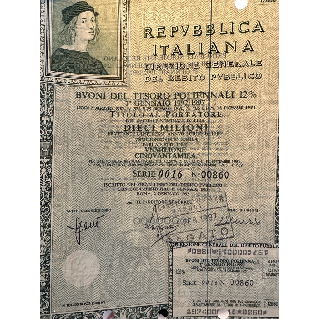 1992 - BTP POLIENNALI SERIE 0031 LIRE 10...