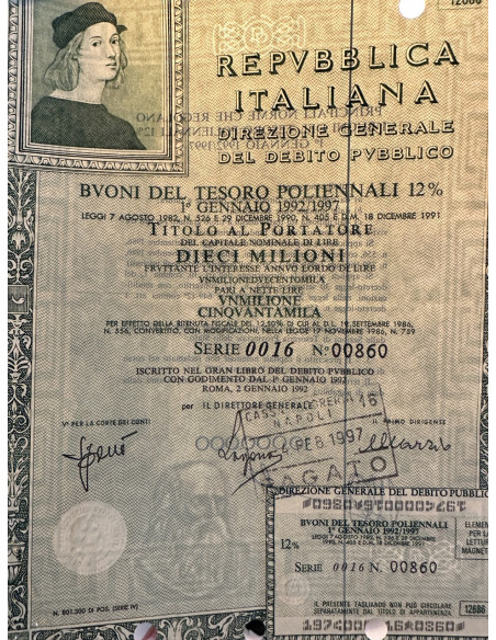 1992 - BTP POLIENNALI SERIE 0031 LIRE 10 MILIONI ROMA (Raffaello Sanzio)