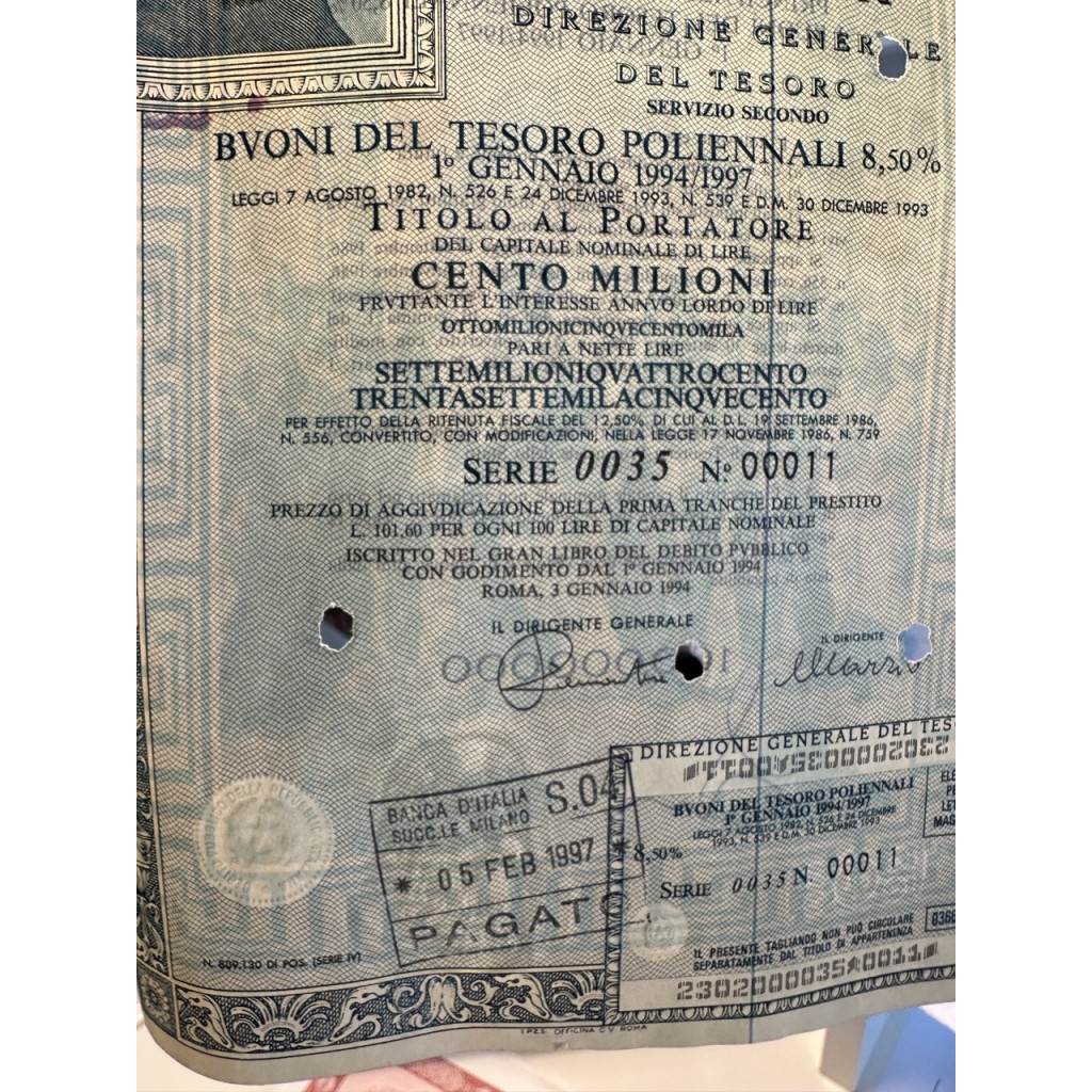 1994 - BTP POLIENNALI SERIE 0034 LIRE 100...