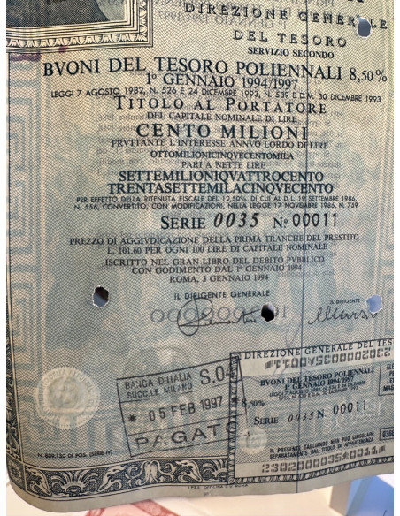 1994 - BTP POLIENNALI SERIE 0034 LIRE 100 MILIONI ROMA  (Raffaello Sanzio)